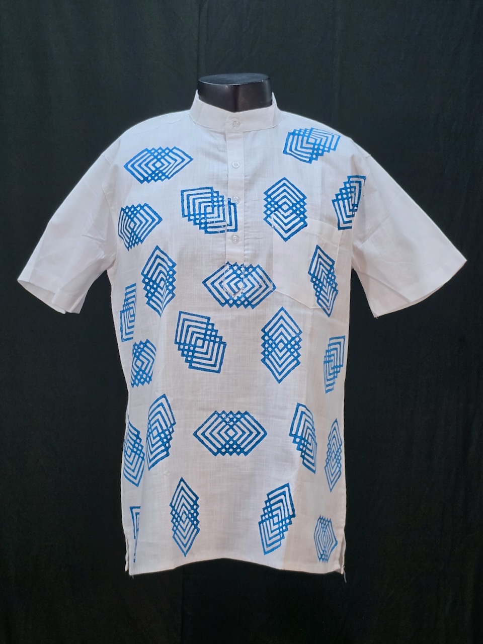 Cotton Kadhi Kurta 002 — White Cotton Kadhi Kurta with blue spiral square motifs prints in the front and and one highlight motif on the backside.