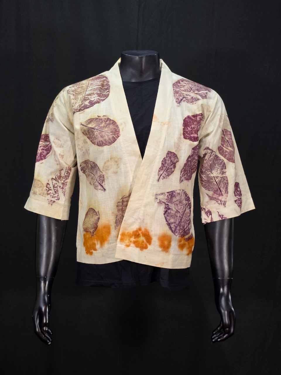 Eco Printed Linen Kimono 001 — Ladies Kimono dyed in Alluminum Acetate with Cosmos flower and teak leaf prints