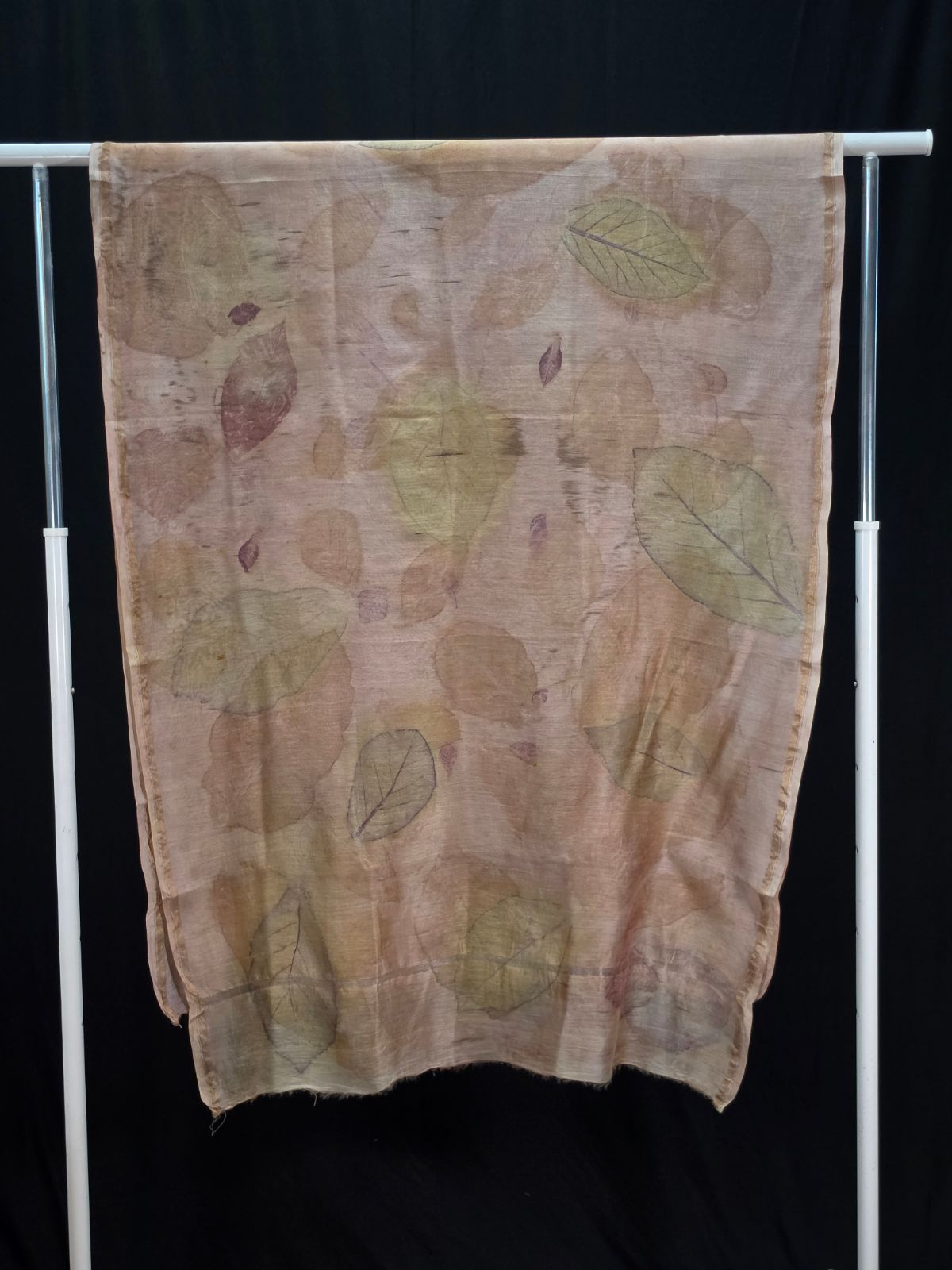 Eco Printed Chenderi Silk Stole 002 — This Chenderi Silk Stole is one a kind, dyed in Anate and eco printed with Teak leaves.