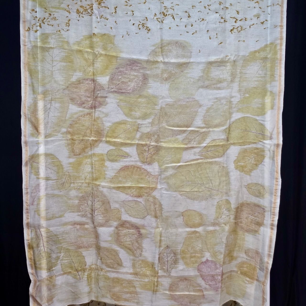 Eco Printed Chenderi Silk Saree 002 — This Chenderi Silk Saree is one a kind, dyed in Aluminium Acetate and eco printed with Teak leaves and Marigold Flower petals.