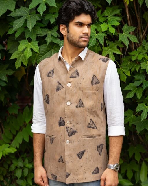 Eco Printed Lenin Modi Coat (Modi Jacket) 001 — block-printed artisanal piece