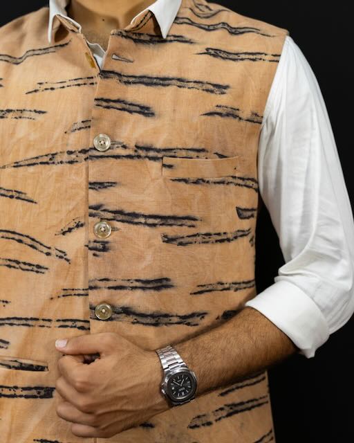 Eco Printed Lenin Modi Coat (Modi Jacket) 002 — block-printed artisanal piece
