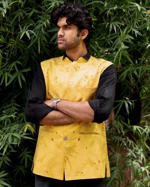 Eco Printed Lenin Modi Coat (Modi Jacket) 003 — block-printed artisanal piece