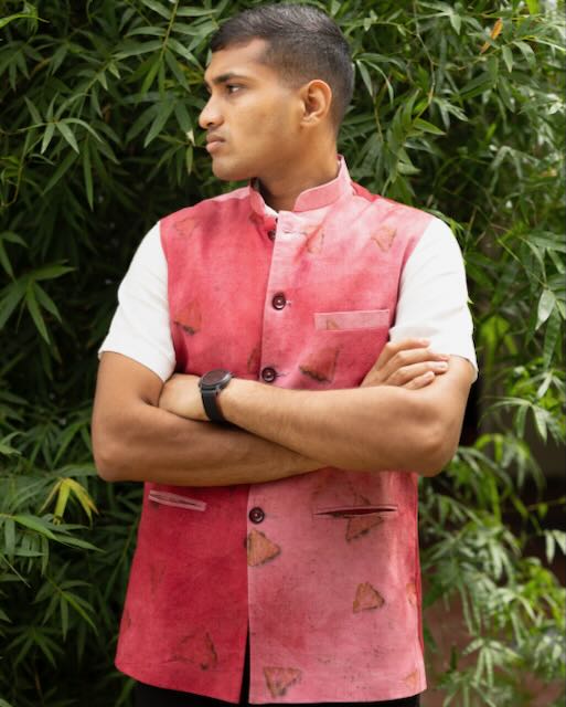 Eco Printed Lenin Modi Coat (Modi Jacket) 004 — block-printed artisanal piece