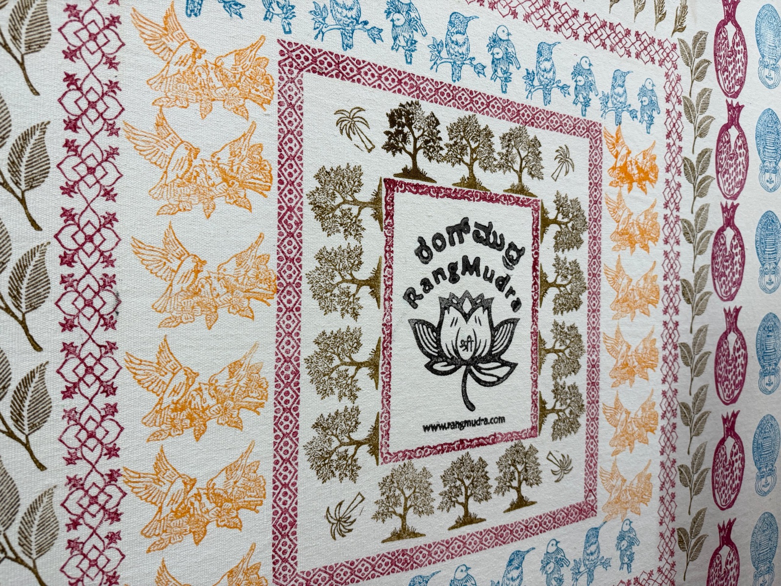 Hand block-printed fabrics arranged in the RangMudra studio